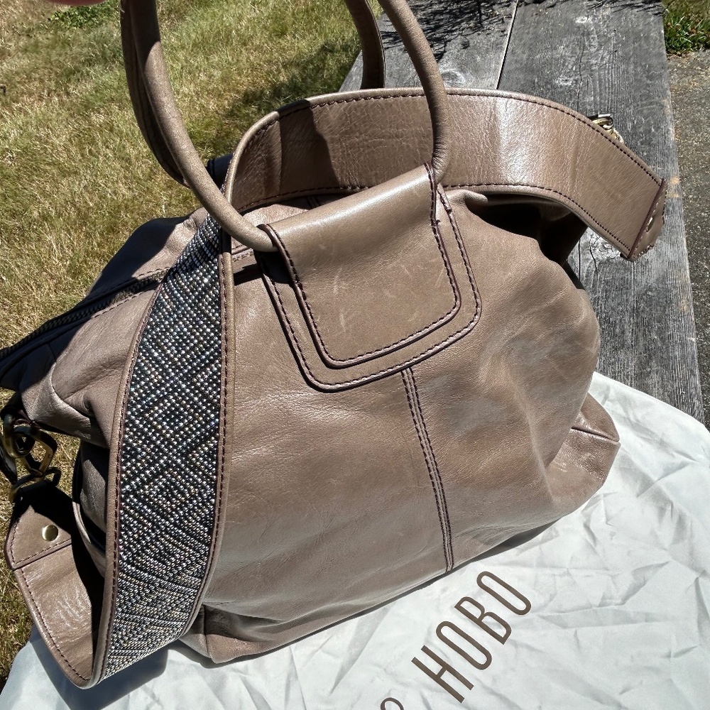 Hobo Leather Tote Bag with Beaded Guitar style strap.